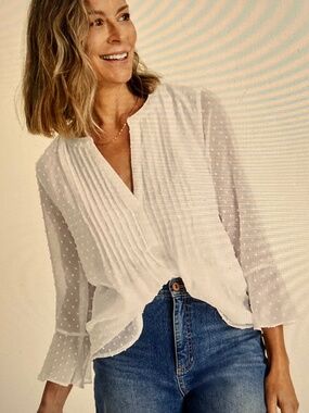 Charter Club OX textured top with Swiss dots and front pleats size OX Ivory